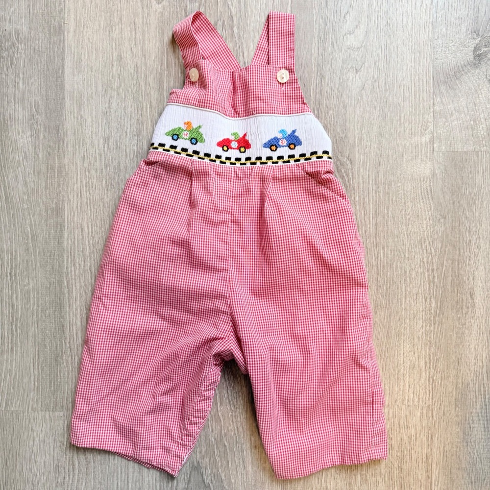 Velani Classics Baby Boy Smocked Race Car Red Gingham Longall Overalls 12M